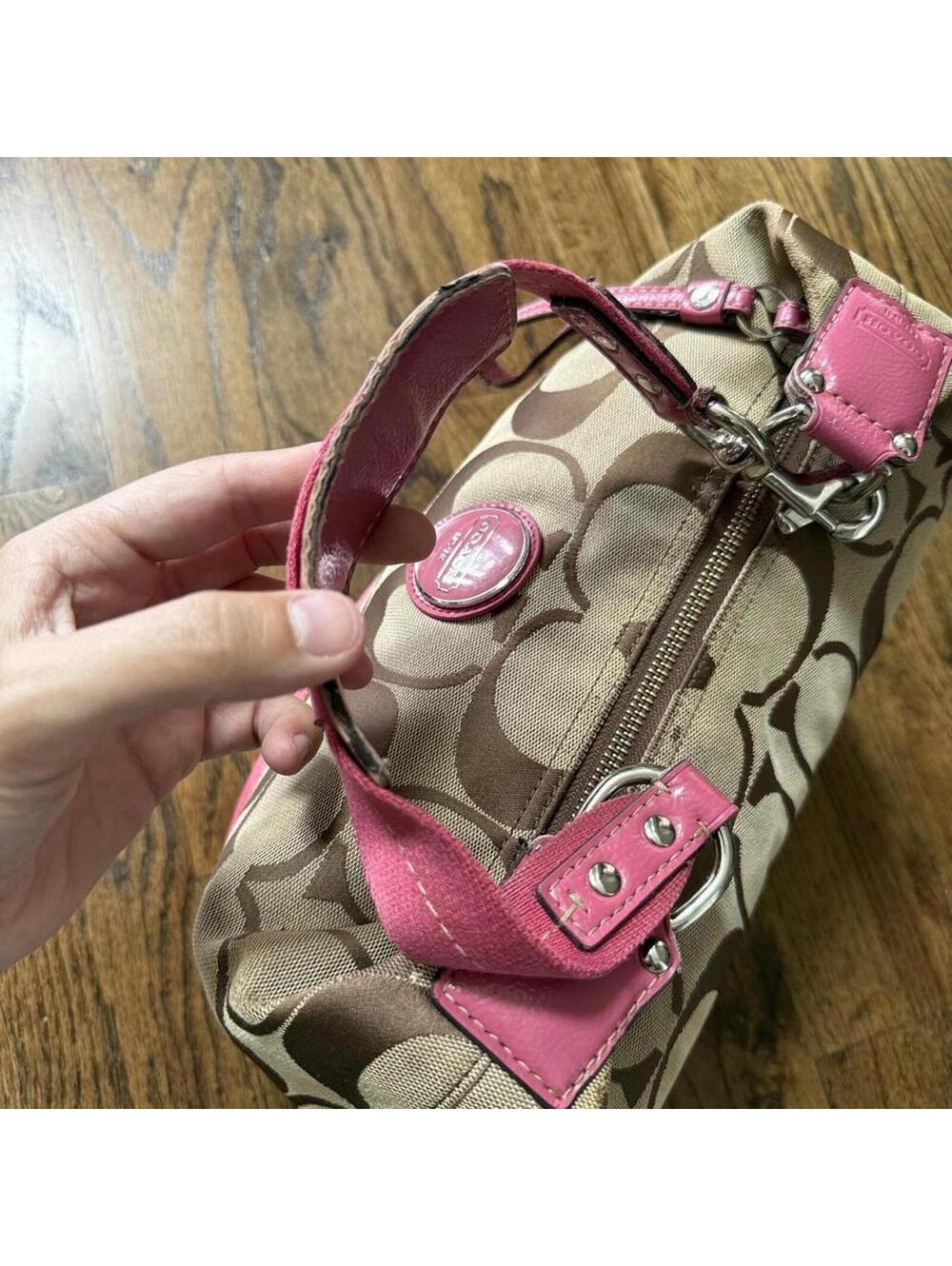 💖👜 Coach Signature Stripe Shoulder Bag Y2K Pink Canvas Purse - Picture 7 of 8